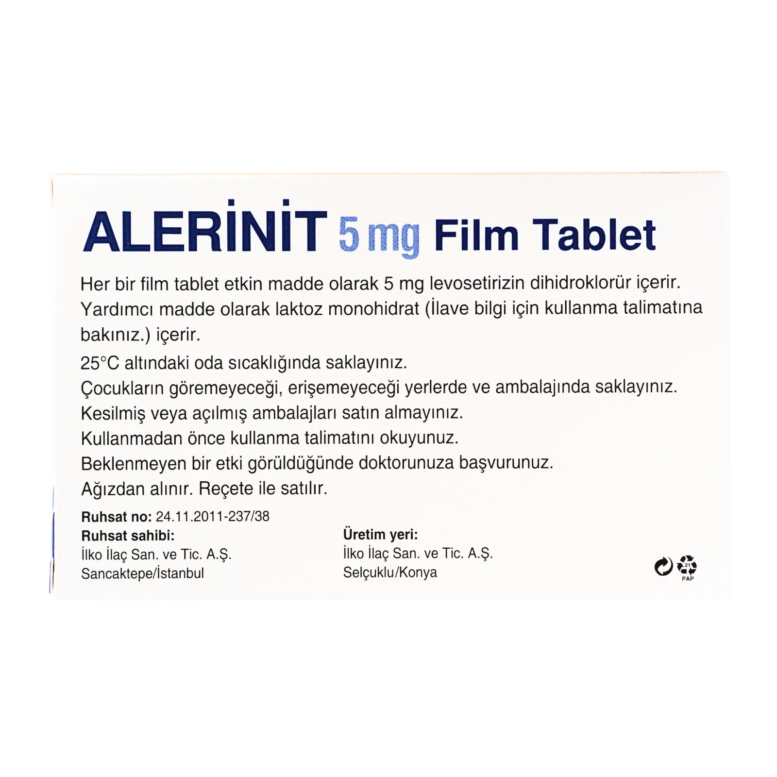 アレリニット（ALERINIT）の箱（裏面）