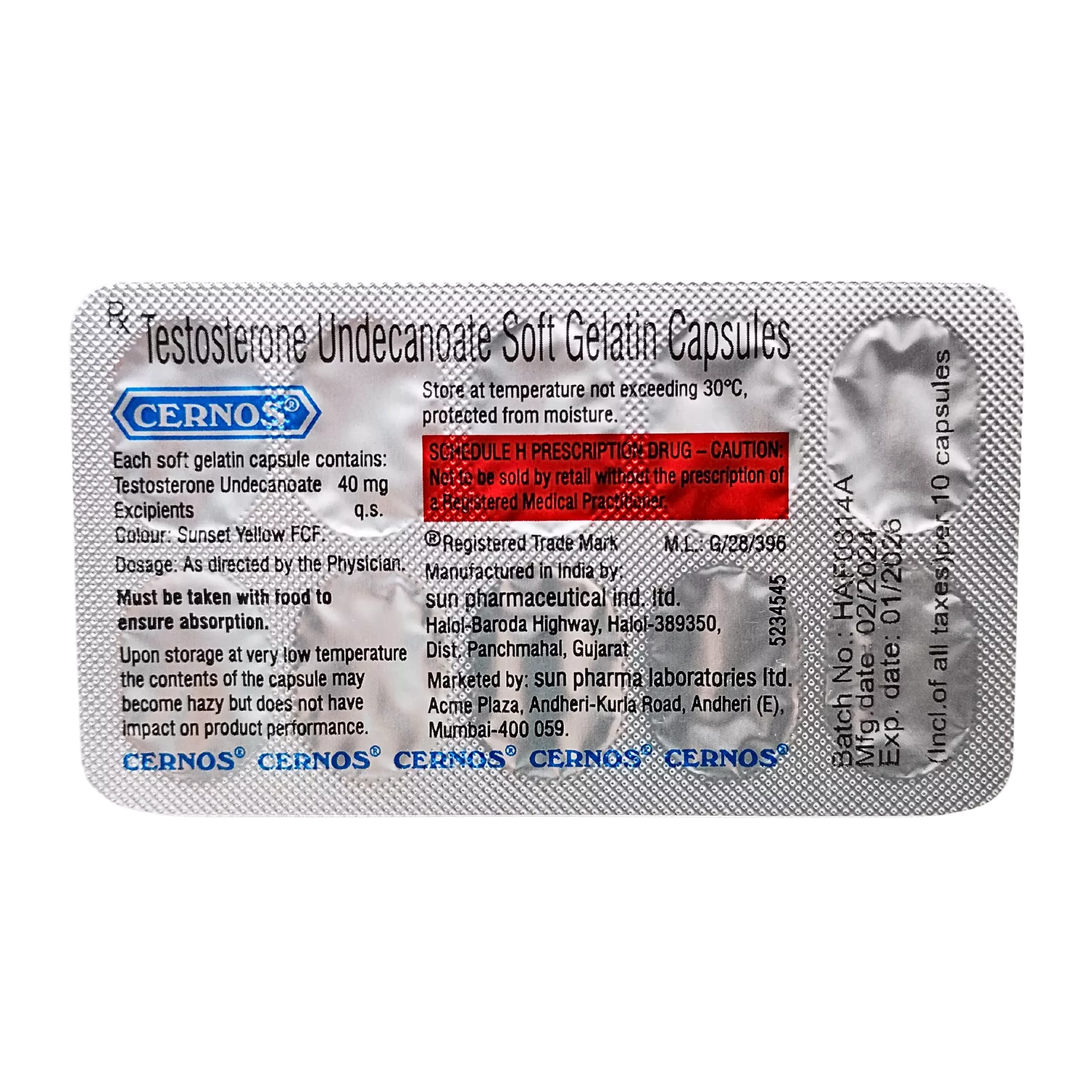 セルノスカプセル（Cernos Capsules）が10錠入ったシート（裏面）