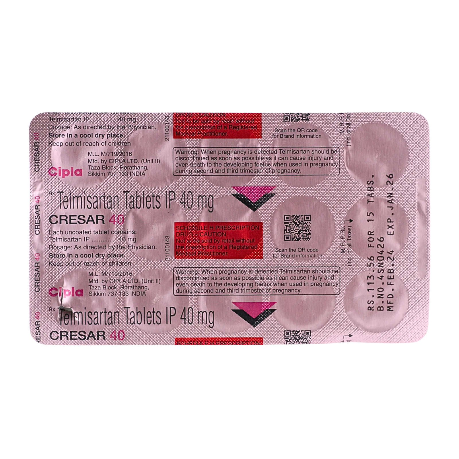 クレサー（CRESAR）40mgが15錠入ったシート（裏面）