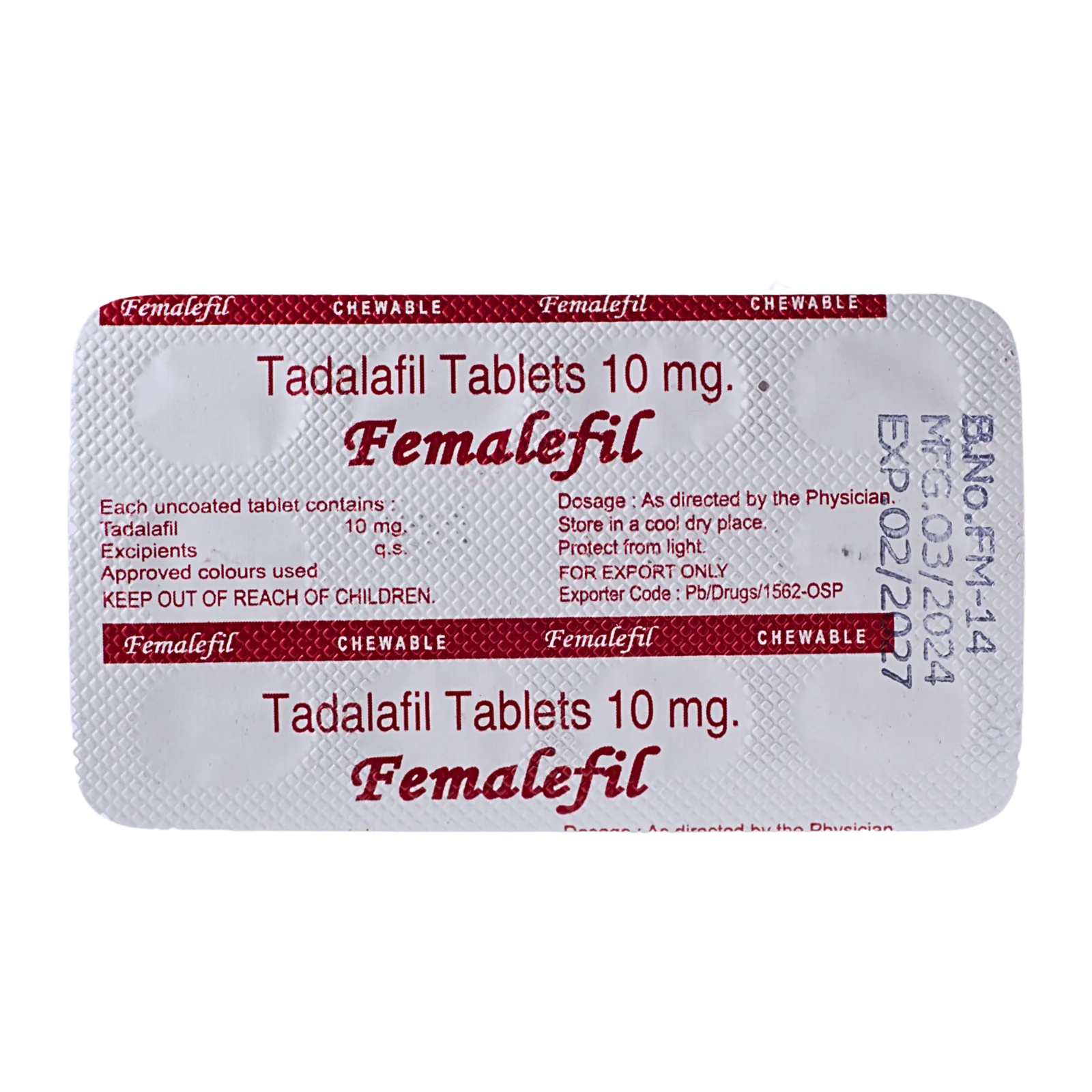 フィメルフィル（Femalefil）が10錠入ったシート（裏面）