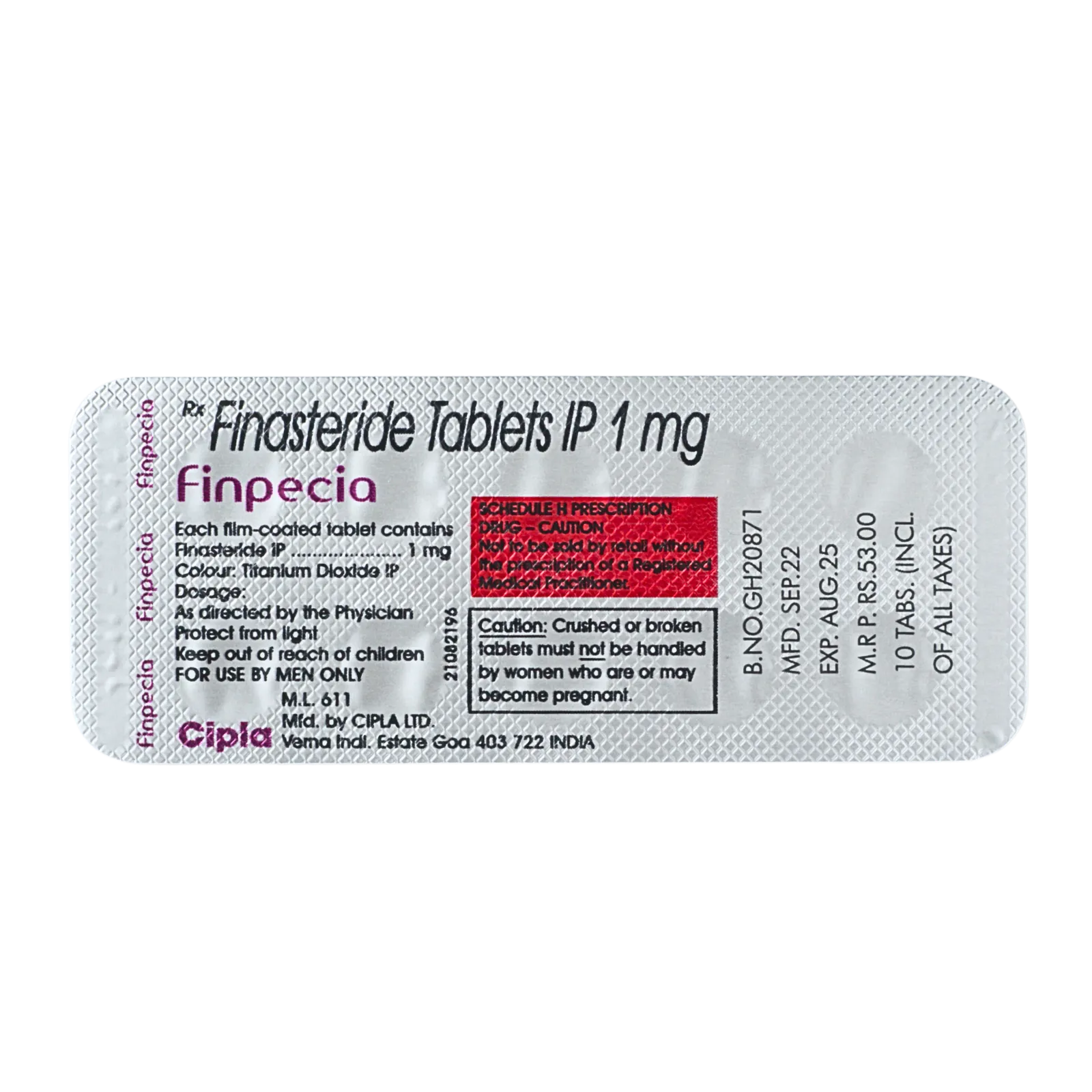 フィンペシア（Finpecia）が10錠入ったシート（裏面）