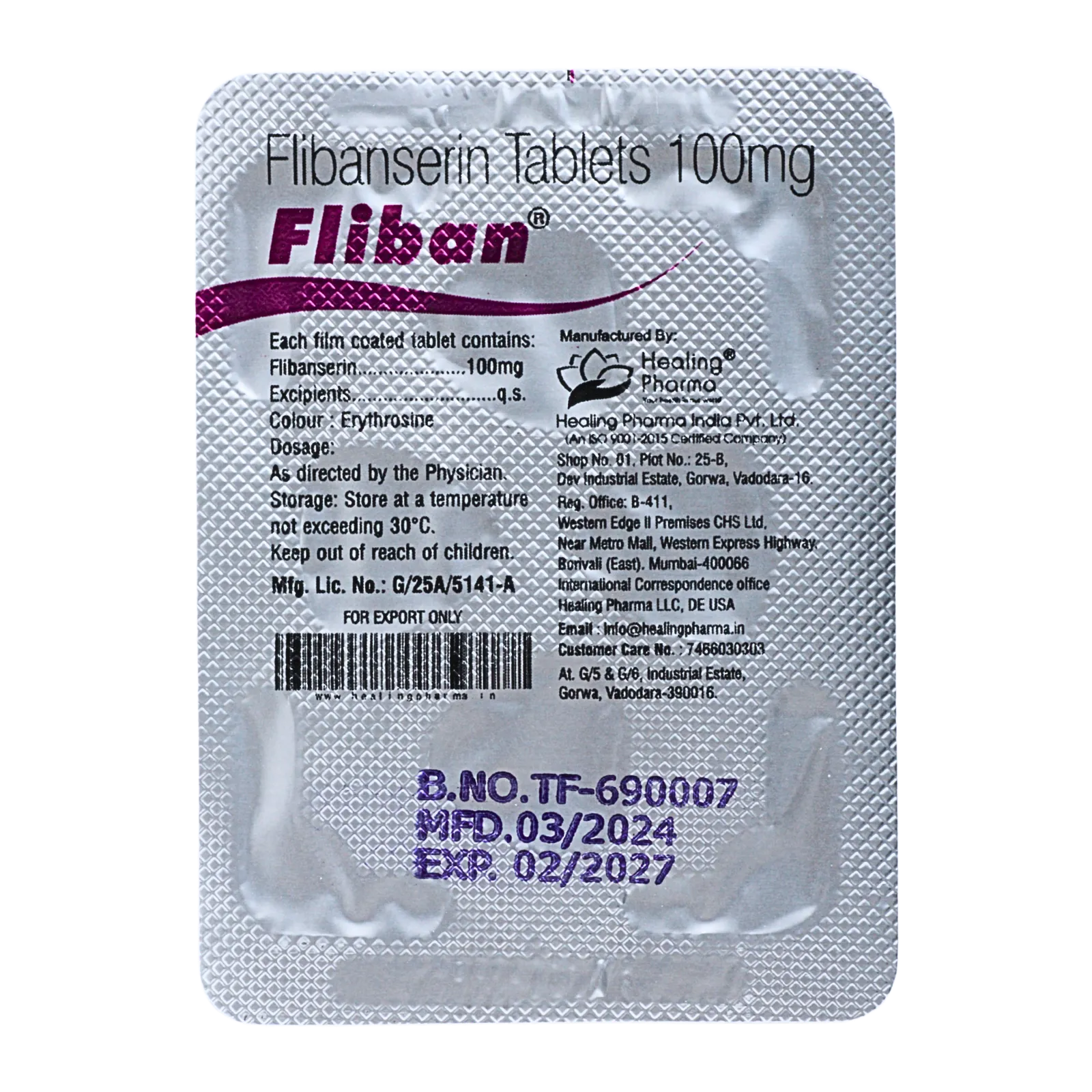 フリバン（Fliban）が4錠入ったシート（裏面）
