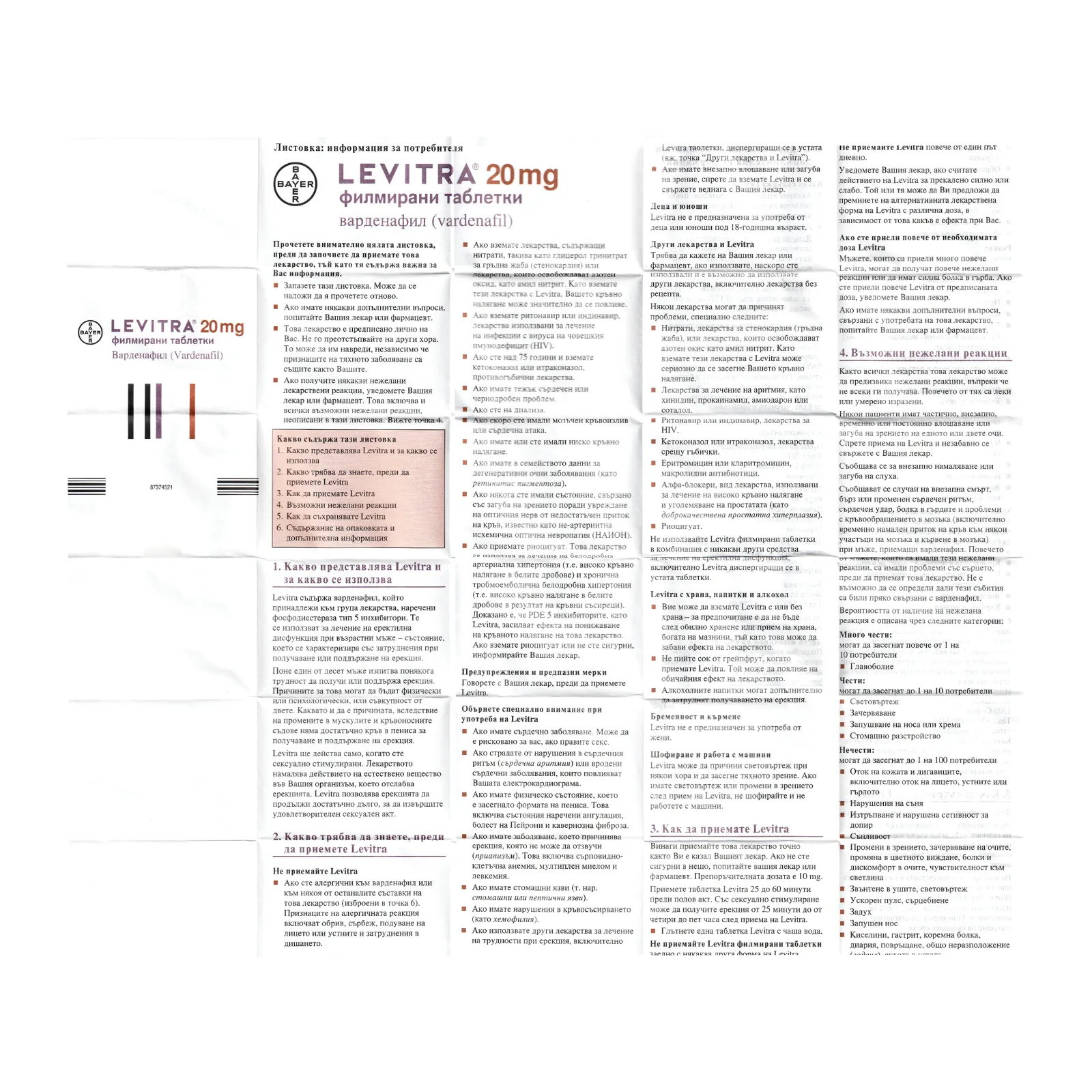 レビトラ（LEVITRA）20mgの箱に入っている添付文書（表面）