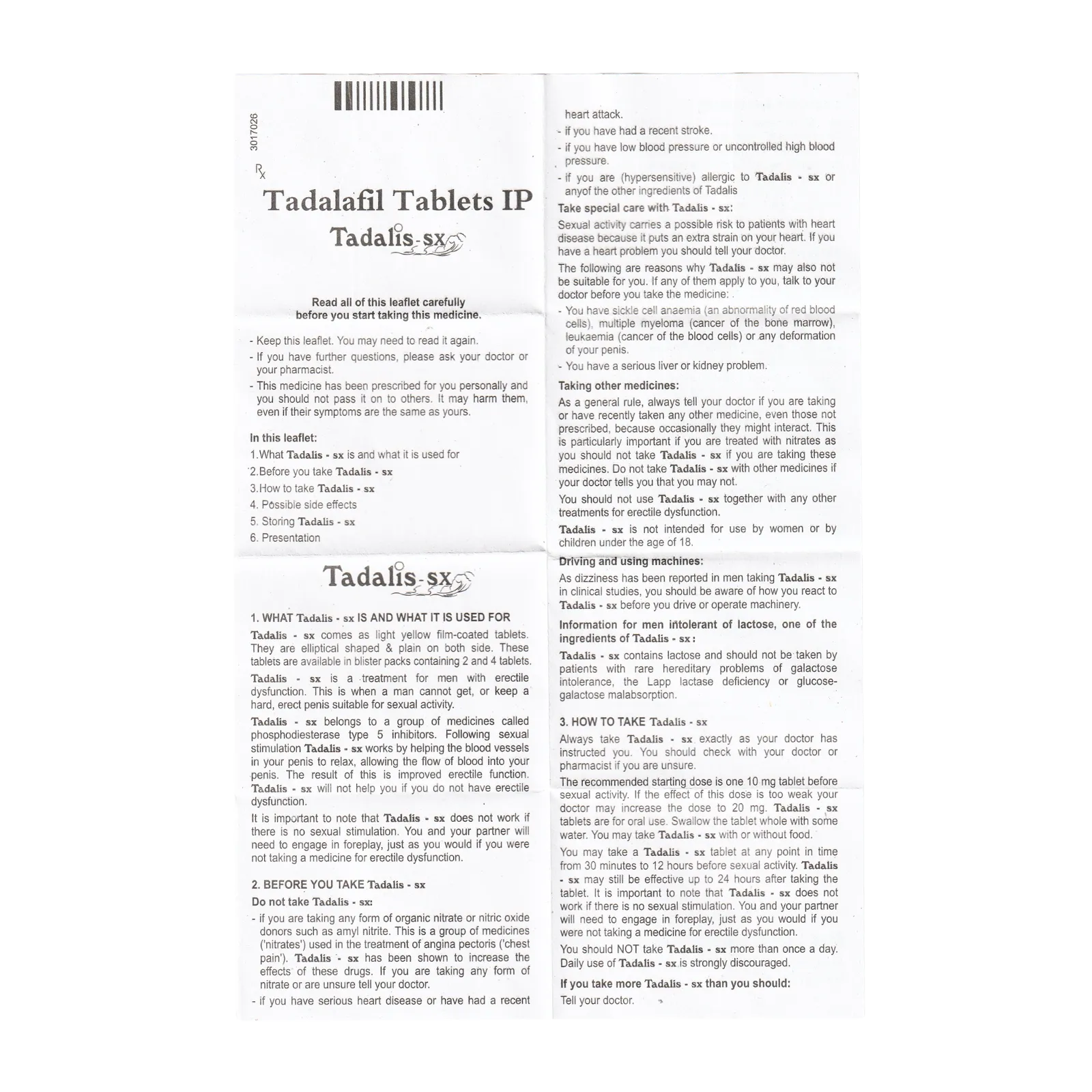 タダリスSX（Tadalis）20mgの添付文書（表面）