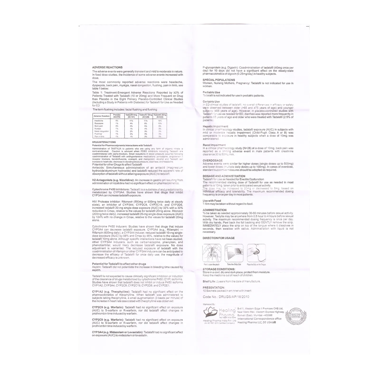 タスティリア（Tastylia）20mgの添付文書（裏面）