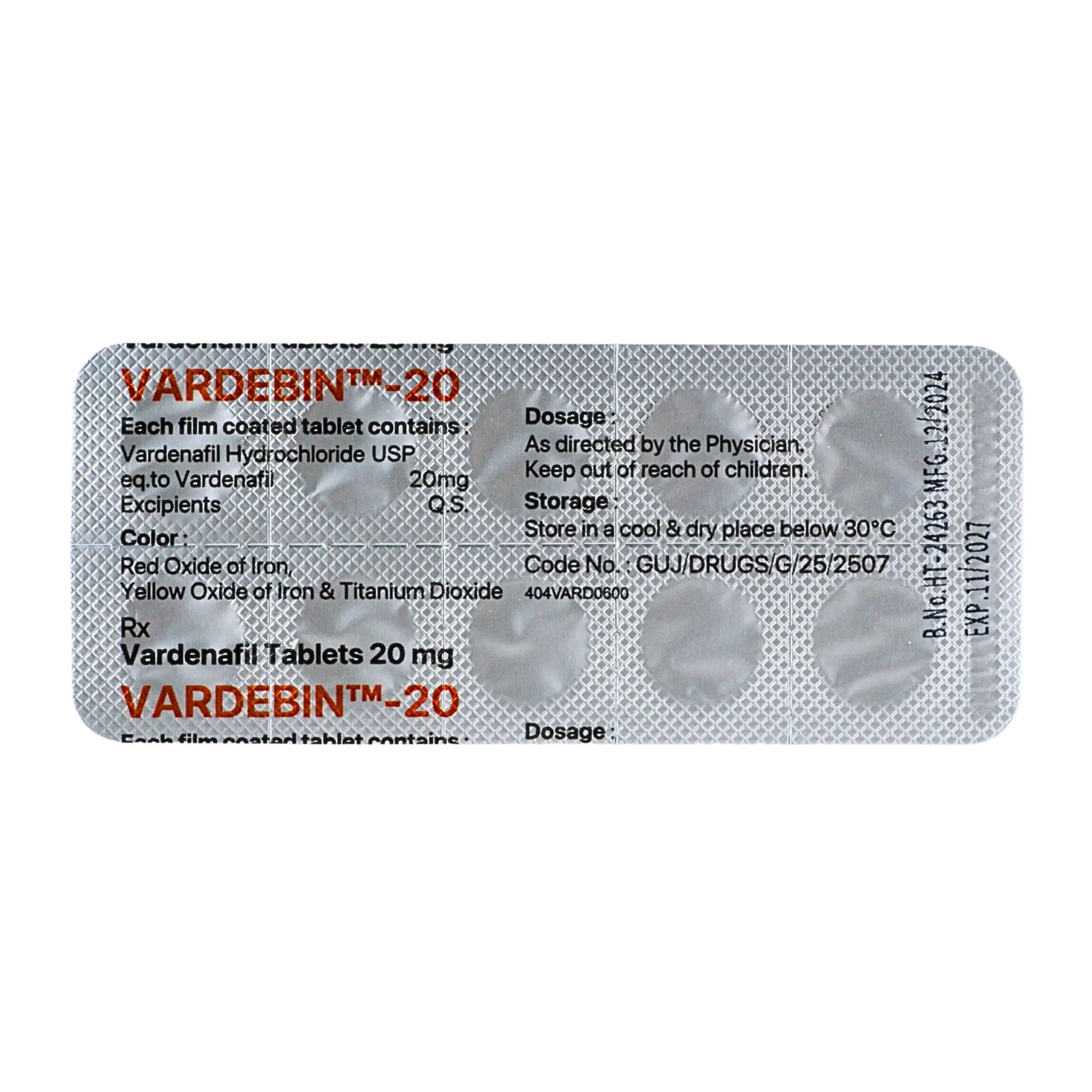 バルデビン（VARDEBIN）20mgが10錠入ったシート（裏面）
