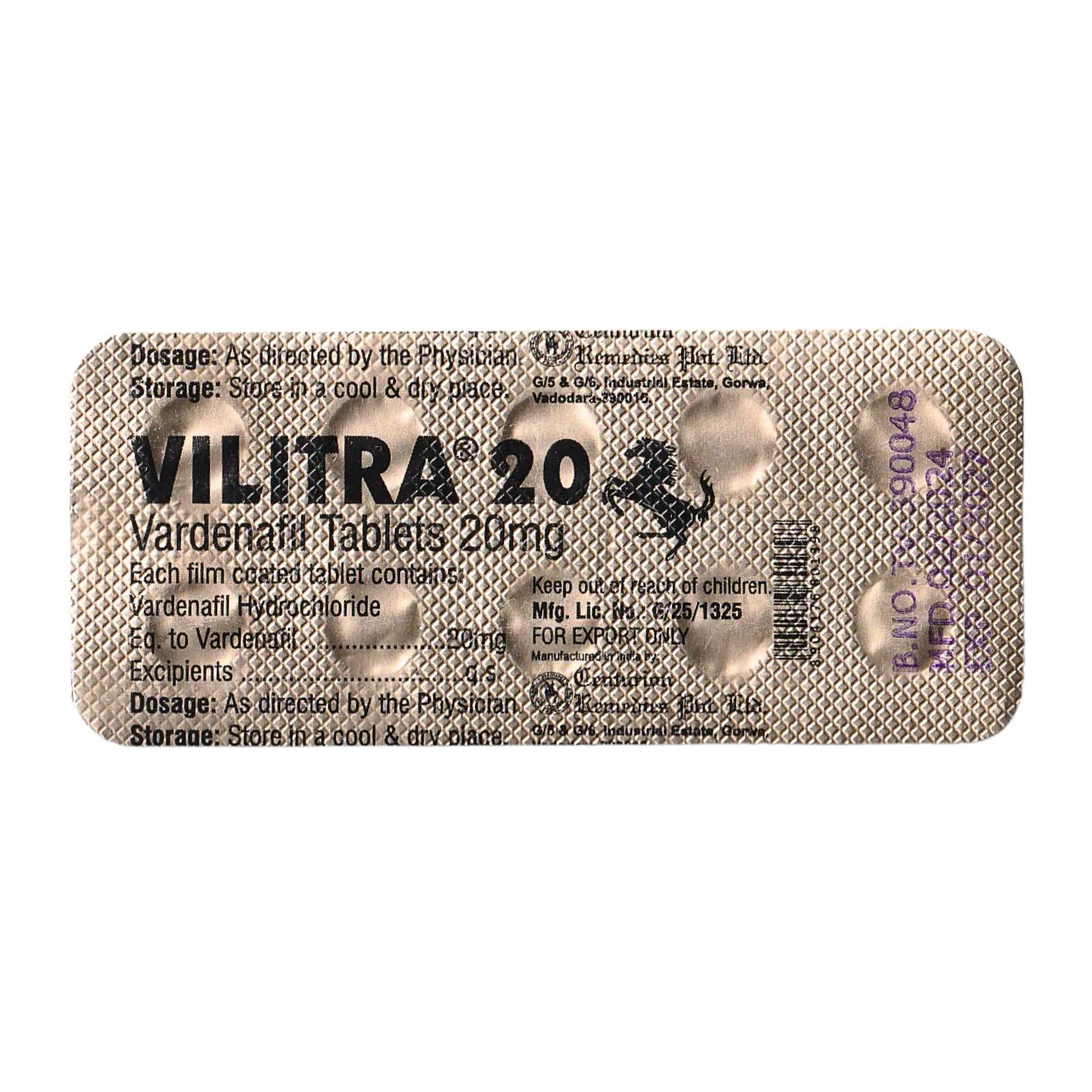 ビリトラ（VILITRA）20mgの10錠が入ったシート（裏面）
