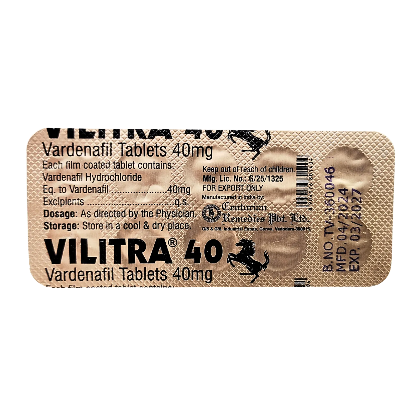 ビリトラ（VILITRA）40mgの10錠が入ったシート（裏面）